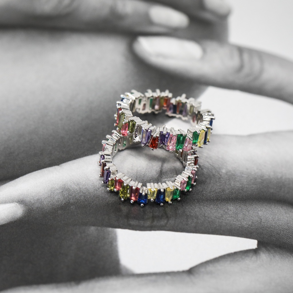 Multi Colored Silver Rhinestone Ring Stackable